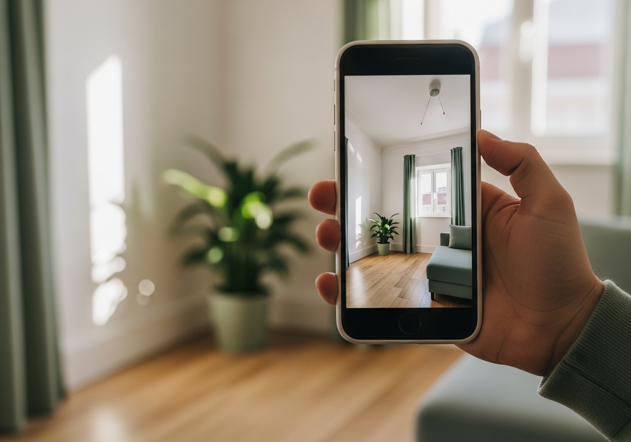 Mão a fotografar o interior de uma casa com o telemóvel